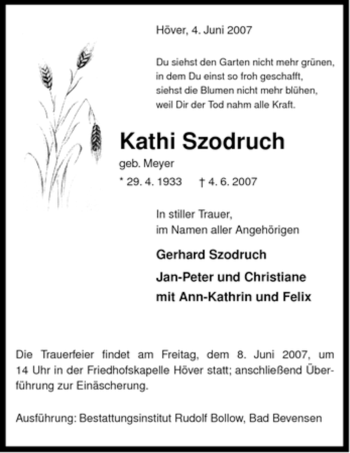 Traueranzeige von Kathi Szodruch von ALLGEMEINE ZEITUNG UELZEN