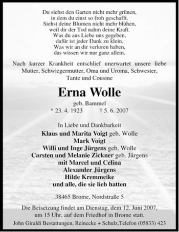Traueranzeige von Erna Wolle von ALLGEMEINE ZEITUNG UELZEN