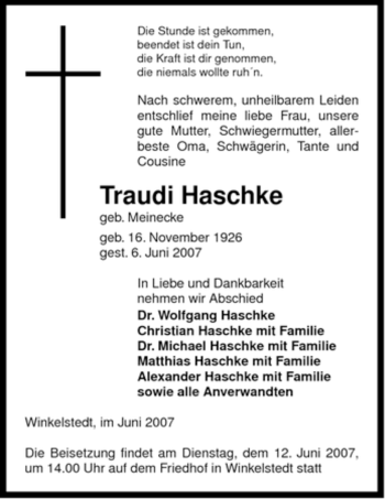 Traueranzeige von Traudi Haschke von ALLGEMEINE ZEITUNG UELZEN