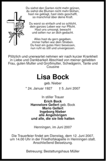 Traueranzeige von Lisa Bock von ALLGEMEINE ZEITUNG UELZEN