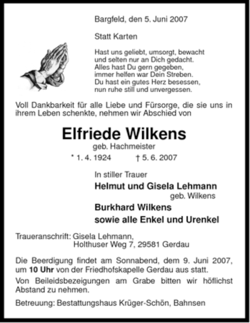 Traueranzeige von Elfriede Wilkens von ALLGEMEINE ZEITUNG UELZEN