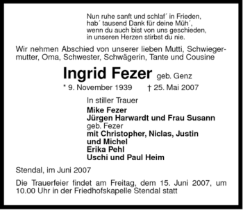 Traueranzeige von Ingrid Fezer von ALLGEMEINE ZEITUNG UELZEN