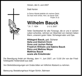 Traueranzeige von Wilhelm Bauck von ALLGEMEINE ZEITUNG UELZEN