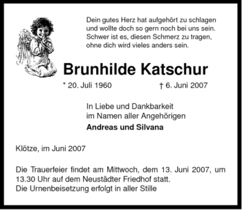 Traueranzeige von Brunhilde Katschur von ALLGEMEINE ZEITUNG UELZEN