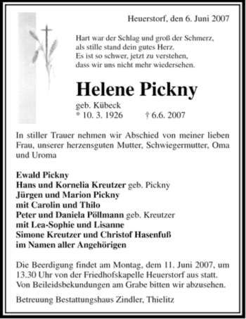 Traueranzeige von Helene Pickny von ALLGEMEINE ZEITUNG UELZEN