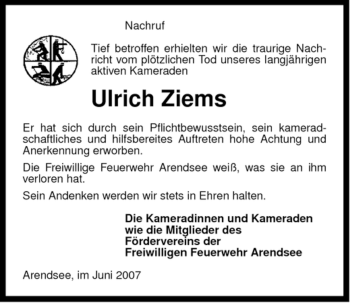 Traueranzeige von Ulrich Ziems von ALLGEMEINE ZEITUNG UELZEN