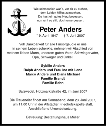 Traueranzeige von Peter Anders von ALLGEMEINE ZEITUNG UELZEN
