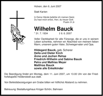 Traueranzeige von Wilhelm Bauck von ALLGEMEINE ZEITUNG UELZEN