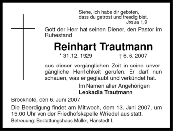 Traueranzeige von Reinhart Trautmann von ALLGEMEINE ZEITUNG UELZEN