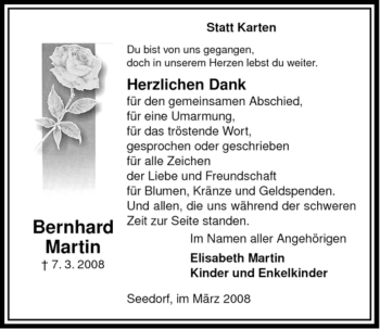 Traueranzeige von Bernhard Martin von ALLGEMEINE ZEITUNG UELZEN