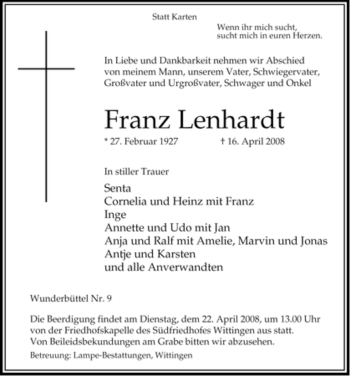 Traueranzeige von Franz Lenhardt von ALLGEMEINE ZEITUNG UELZEN