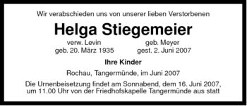 Traueranzeige von Helga Stiegemeier von ALLGEMEINE ZEITUNG UELZEN