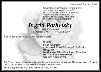 Traueranzeige von Ingrit Potheisky von ALLGEMEINE ZEITUNG UELZEN