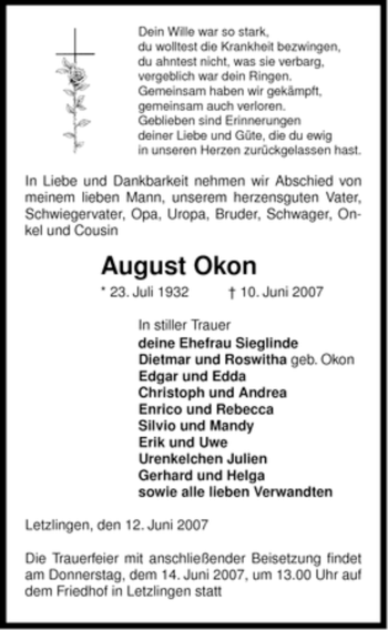 Traueranzeige von August Okon von ALLGEMEINE ZEITUNG UELZEN