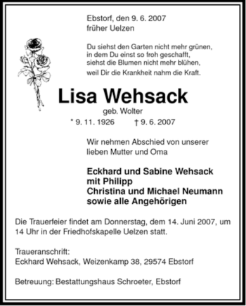Traueranzeige von Lisa Wehsack von ALLGEMEINE ZEITUNG UELZEN