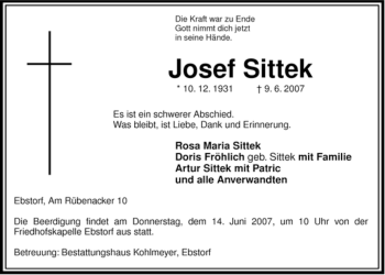 Traueranzeige von Josef Sittek von ALLGEMEINE ZEITUNG UELZEN