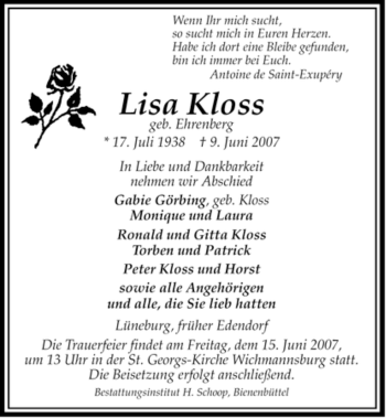 Traueranzeige von Lisa Kloss von ALLGEMEINE ZEITUNG UELZEN