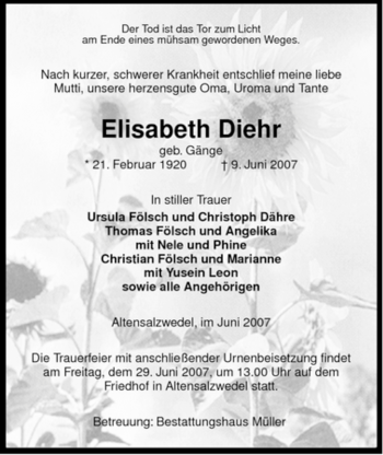 Traueranzeige von Elisabeth Diehr von ALLGEMEINE ZEITUNG UELZEN