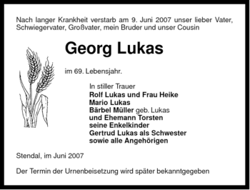 Traueranzeige von Georg Lukas von ALLGEMEINE ZEITUNG UELZEN