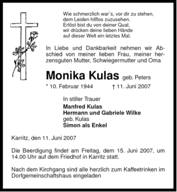 Traueranzeige von Monika Kulas von ALLGEMEINE ZEITUNG UELZEN