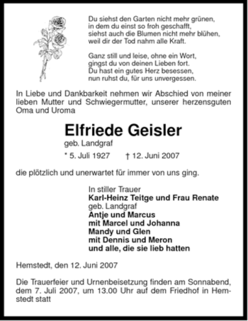 Traueranzeige von Elfriede Geisler von ALLGEMEINE ZEITUNG UELZEN