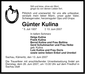 Traueranzeige von Günter Kulina von ALLGEMEINE ZEITUNG UELZEN