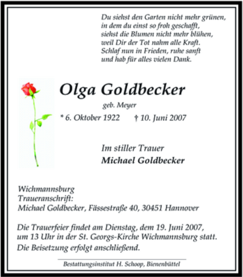 Traueranzeige von Olga Goldbecker von ALLGEMEINE ZEITUNG UELZEN