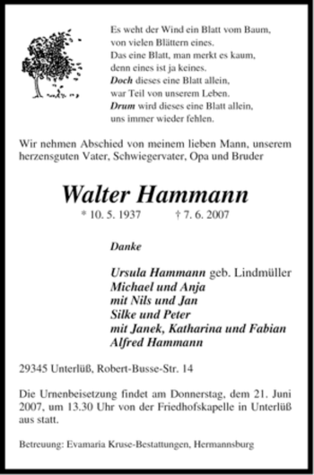 Traueranzeige von Walter Hammann von ALLGEMEINE ZEITUNG UELZEN