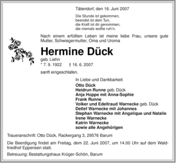 Traueranzeige von Hermine Dück von ALLGEMEINE ZEITUNG UELZEN