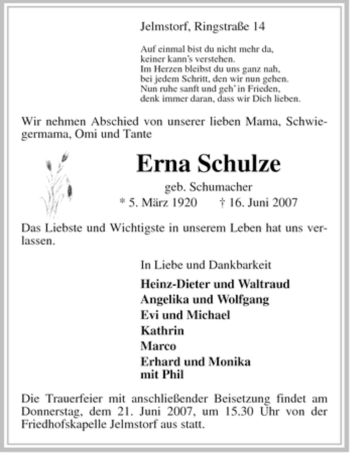 Traueranzeige von Erna Schulze von ALLGEMEINE ZEITUNG UELZEN