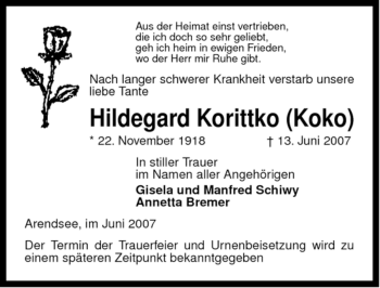 Traueranzeige von Hildegard Korittko von ALLGEMEINE ZEITUNG UELZEN