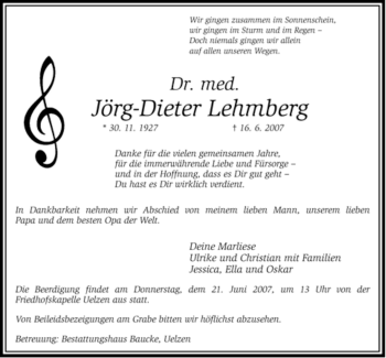 Traueranzeige von med.Jörg-Dieter Lehmberg von ALLGEMEINE ZEITUNG UELZEN