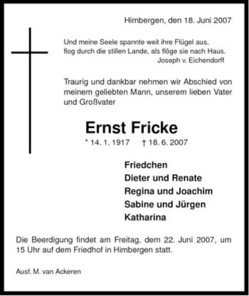 Traueranzeige von Ernst Fricke von ALLGEMEINE ZEITUNG UELZEN