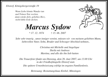 Traueranzeige von Marcus Sydow von ALLGEMEINE ZEITUNG UELZEN