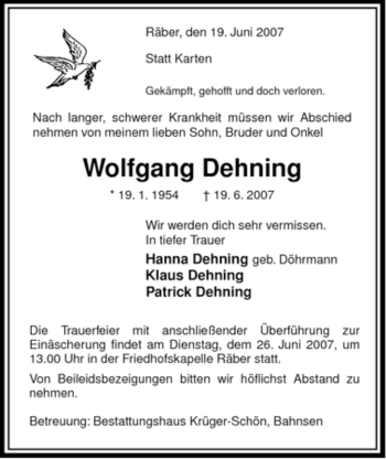 Traueranzeige von Wolfgang Dehning von ALLGEMEINE ZEITUNG UELZEN