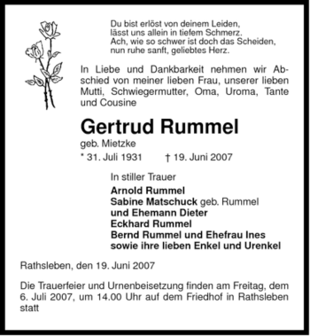 Traueranzeige von Gertrud Rummel von ALLGEMEINE ZEITUNG UELZEN