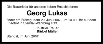 Traueranzeige von Georg Lukas von ALLGEMEINE ZEITUNG UELZEN