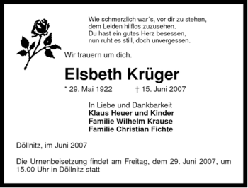 Traueranzeige von Elsbeth Krüger von ALLGEMEINE ZEITUNG UELZEN