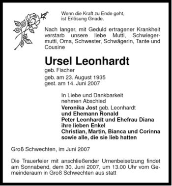 Traueranzeige von Ursel Leonhardt von ALLGEMEINE ZEITUNG UELZEN