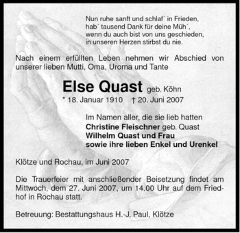 Traueranzeige von Else Quast von ALLGEMEINE ZEITUNG UELZEN