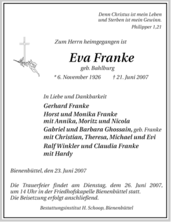 Traueranzeige von Eva Franke von ALLGEMEINE ZEITUNG UELZEN