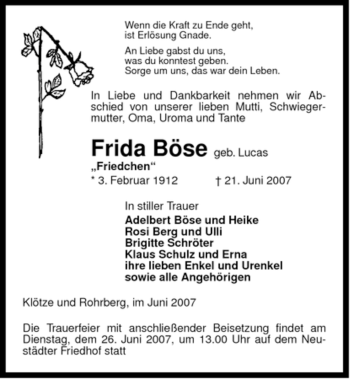 Traueranzeige von Frida Böse von ALLGEMEINE ZEITUNG UELZEN
