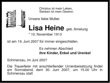 Traueranzeige von Lisa Heine von ALLGEMEINE ZEITUNG UELZEN