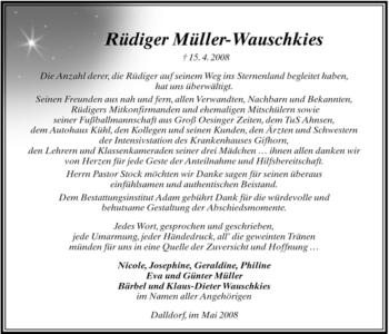 Traueranzeige von Rüdiger Müller-Wauschkies von ALLGEMEINE ZEITUNG UELZEN