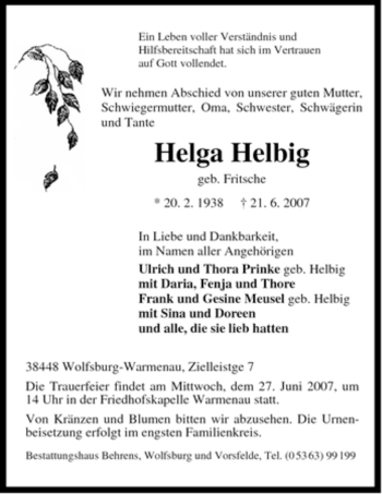 Traueranzeige von Helga Helbing von ALLGEMEINE ZEITUNG UELZEN