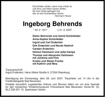 Traueranzeige von Ingeborg Behrends von ALLGEMEINE ZEITUNG UELZEN