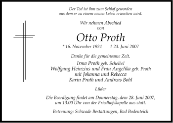 Traueranzeige von Otto Proth von ALLGEMEINE ZEITUNG UELZEN
