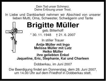 Traueranzeige von Brigitte Müller von ALLGEMEINE ZEITUNG UELZEN