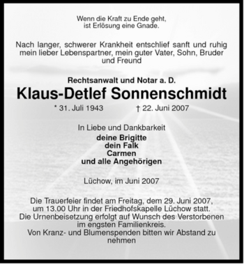 Traueranzeige von Klaus-Detlef Sonnenschmidt von ALLGEMEINE ZEITUNG UELZEN