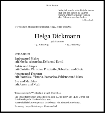 Traueranzeige von Helga Dickmann von ALLGEMEINE ZEITUNG UELZEN